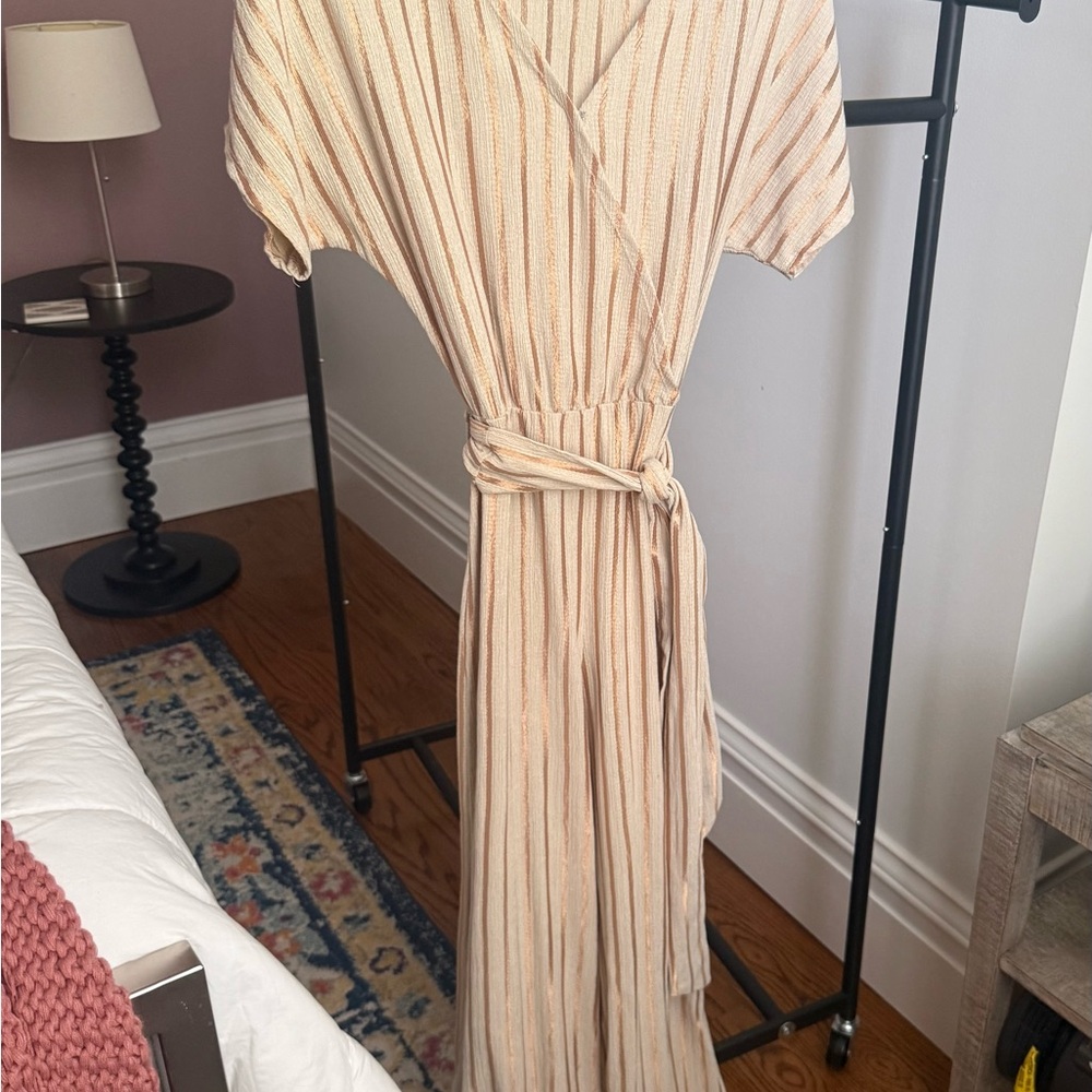 Women's Cream Striped Wrap Jumpsuit